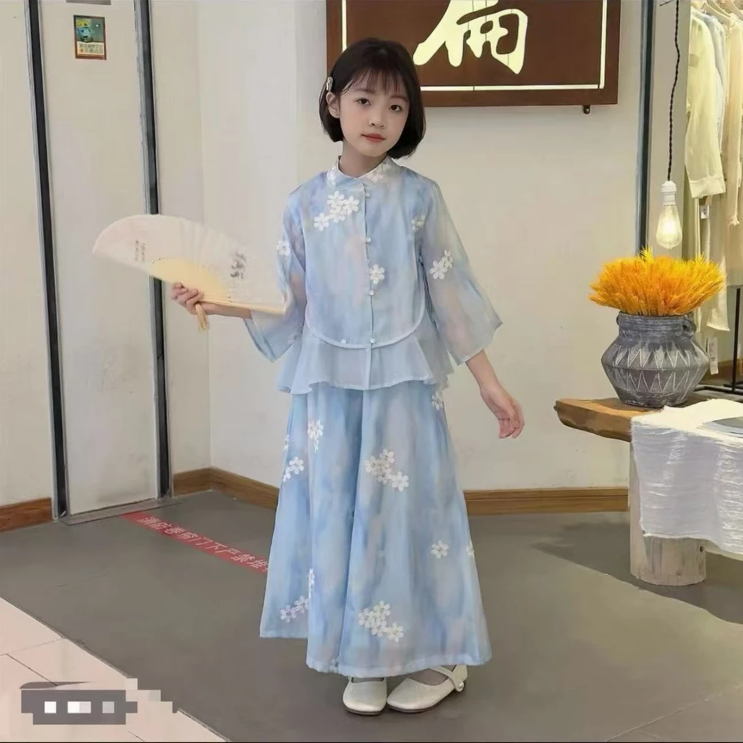 2025夏季新中式国风女童套装复古中大童仙气裙裤儿童两件套潮童薄