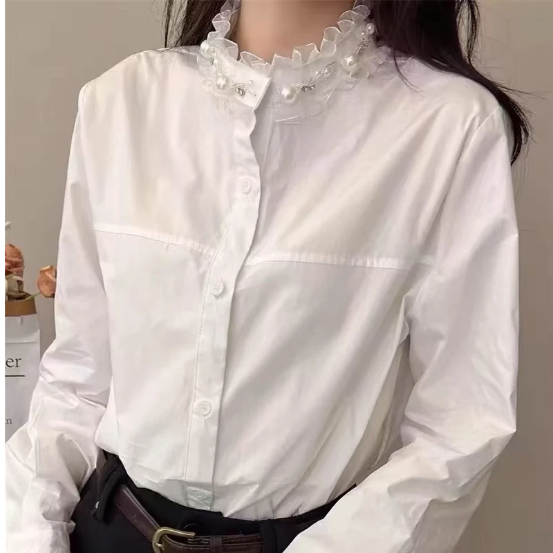 2025春季新款法式立领珍珠设计感气质长袖衬衫蕾丝边网红休闲衬衣