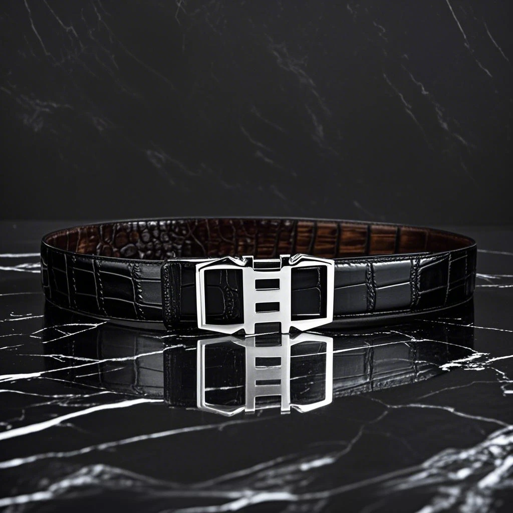 真皮男士3.8宽皮带鳄鱼纹皮带休闲双面打孔皮带黑色100%牛皮腰带