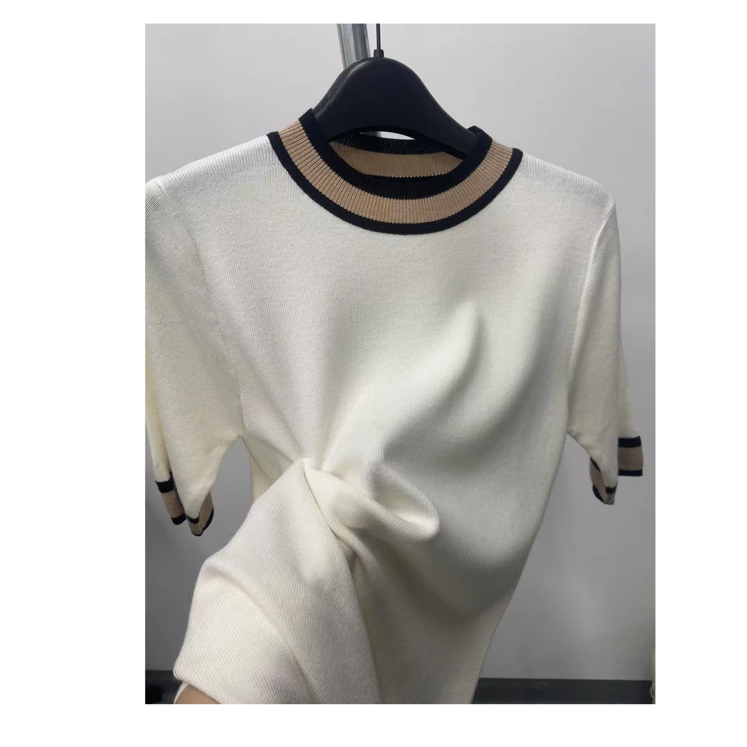 2025新款条纹双拼色针织衫气质轻奢夏季时尚设计师撞色百搭Z123