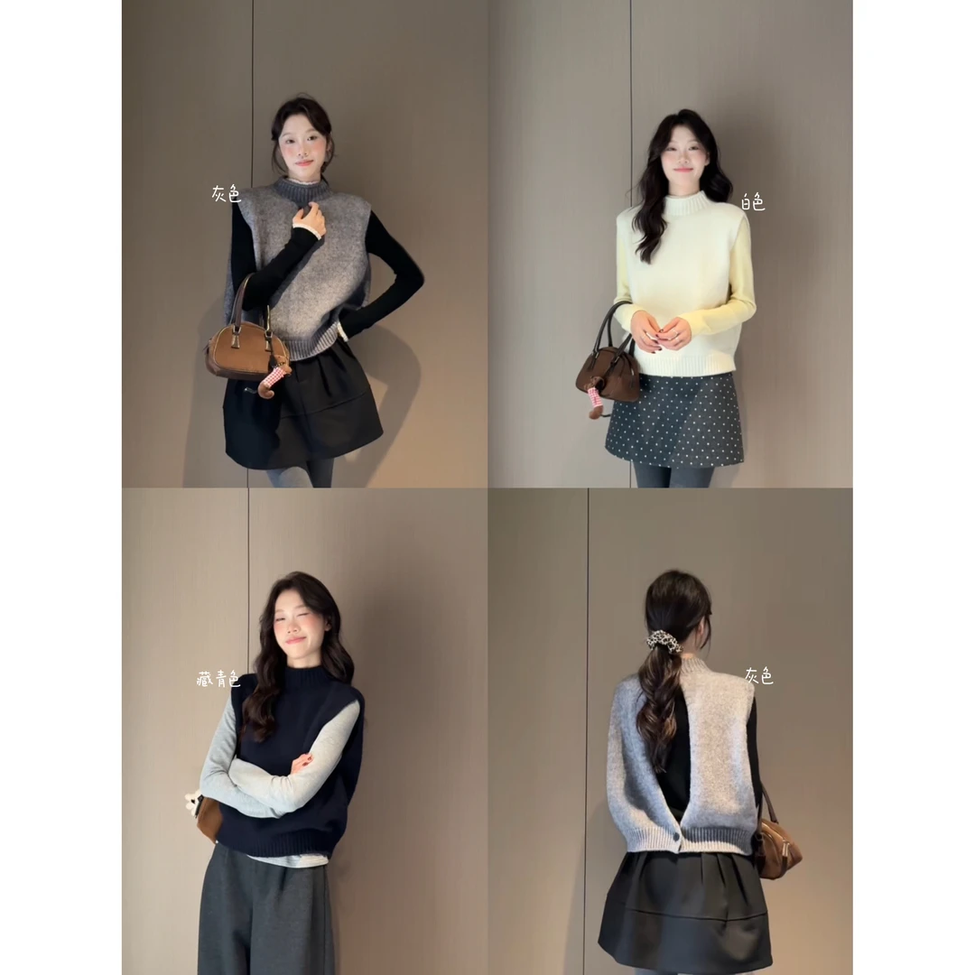 351016#【叠穿神器！】韩系设计感半高领后背纽扣镂空露背马甲