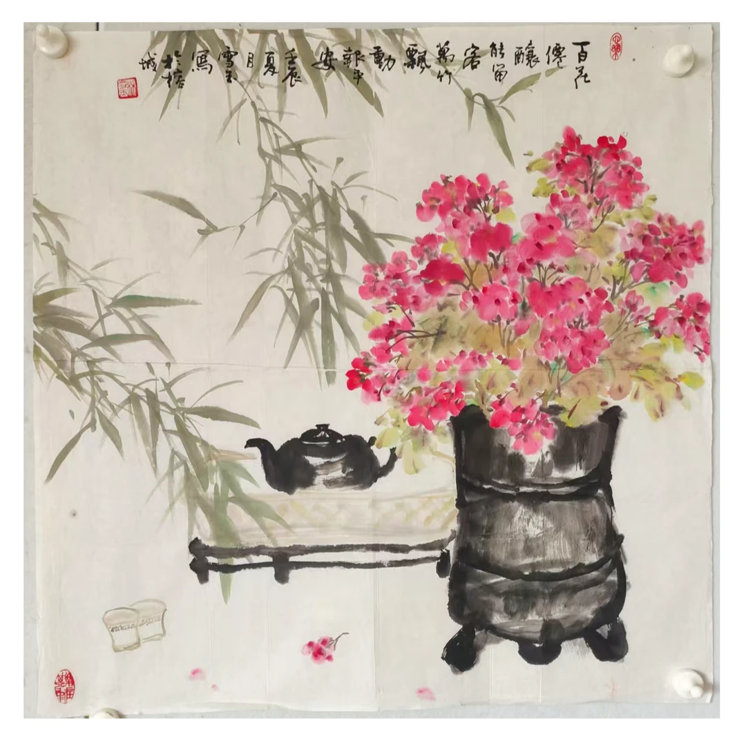 4441  纯手绘老字画《竹花图》斗方  68×68