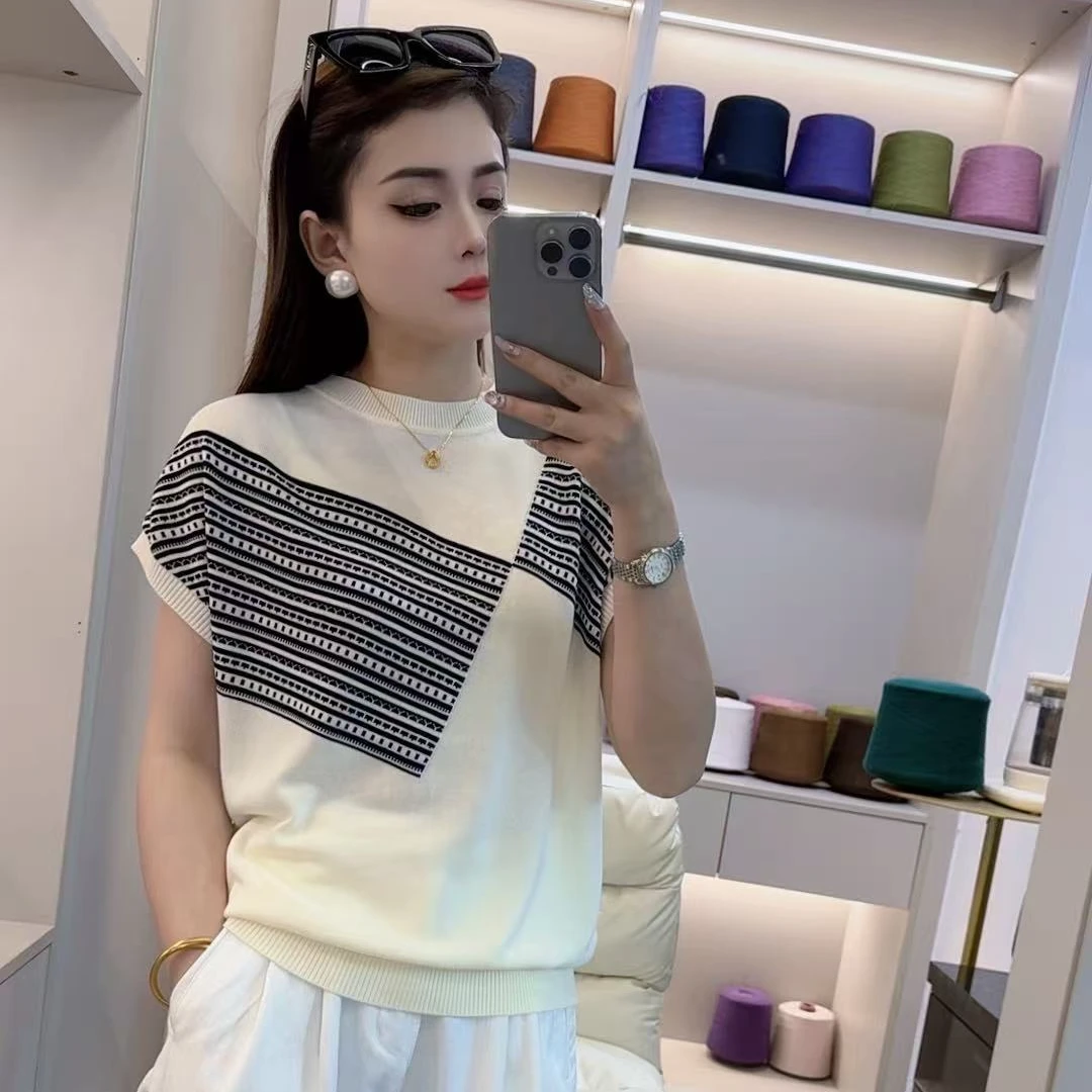 夏季新款圆领不规则撞色气质时尚百搭冰丝短袖上衣女1533