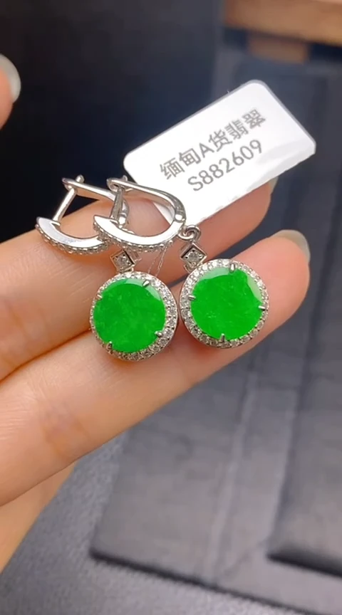 翡翠银S925镶嵌耳饰圆牌