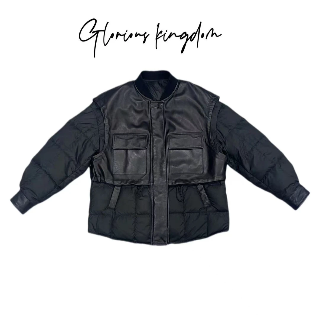 秋冬新款原创女士真皮假两件羽绒服