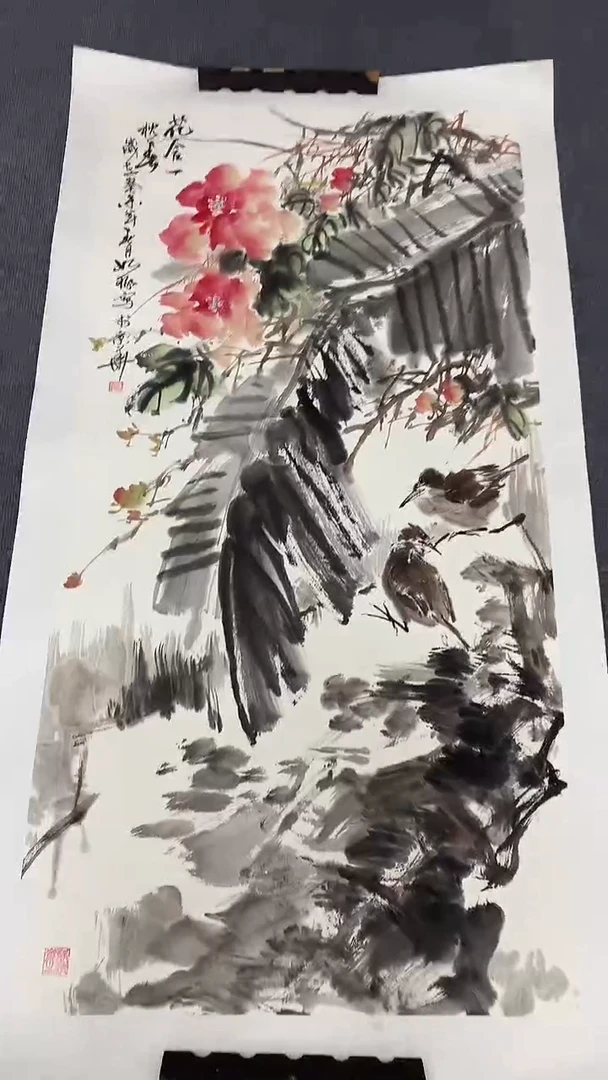 竖款精品四尺花鸟，花含