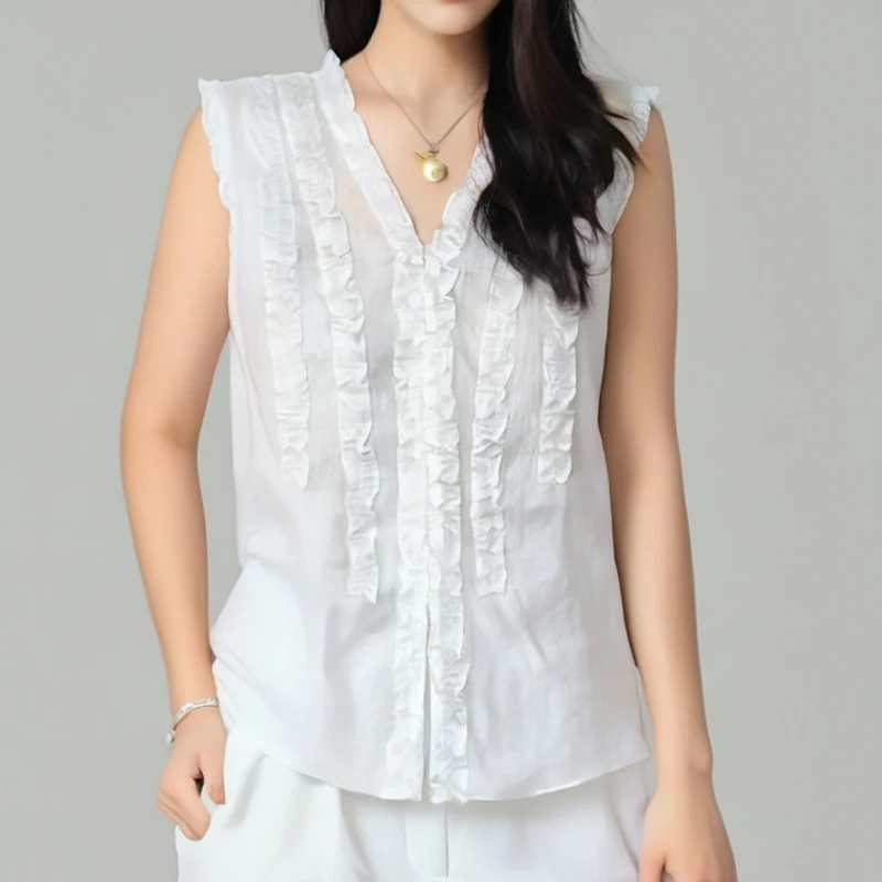 夏新时尚新款百搭设计感花边无袖宽松显瘦背心LK2504592