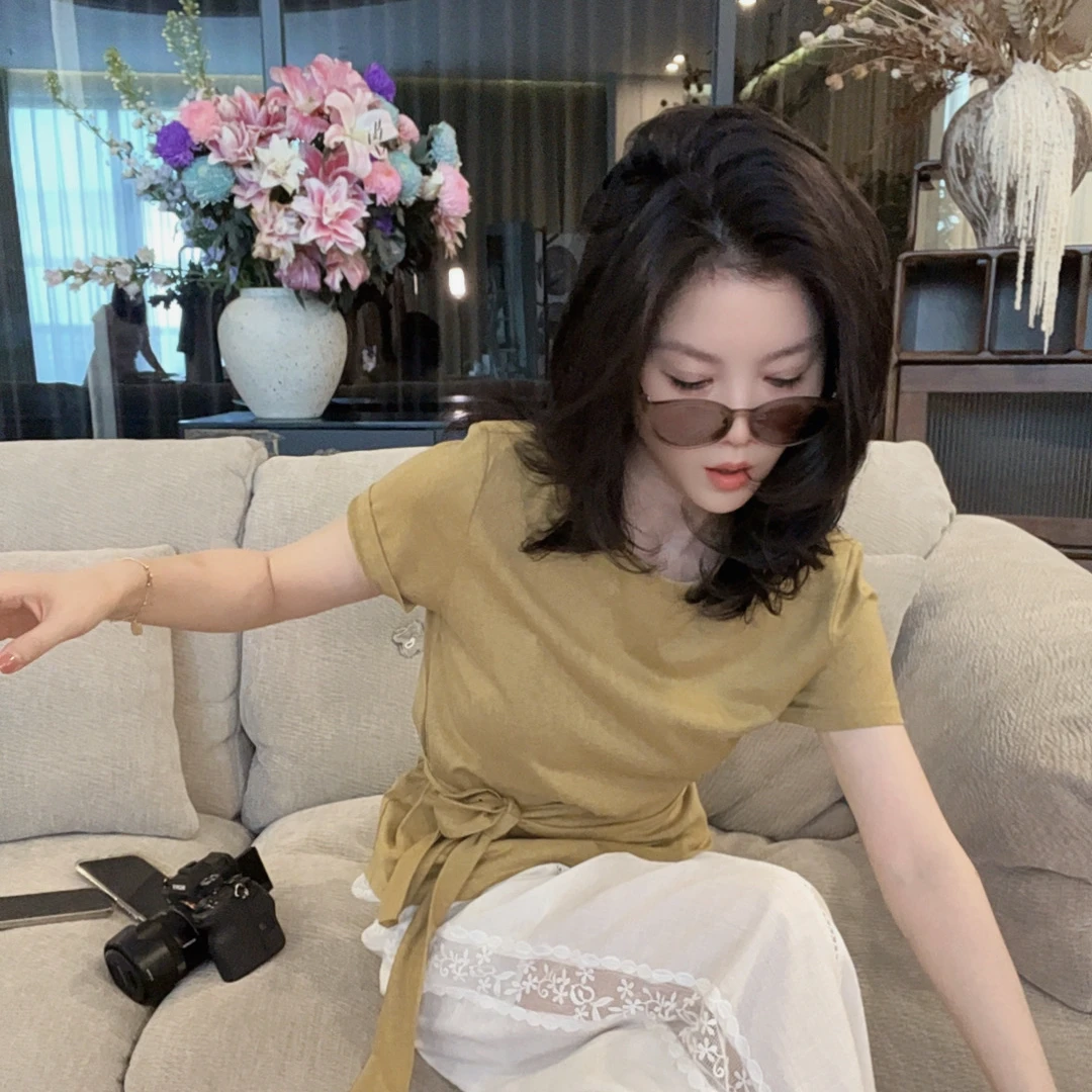 【悦悦专属】 洋气拼接绑带收腰显瘦不规则T恤Y293