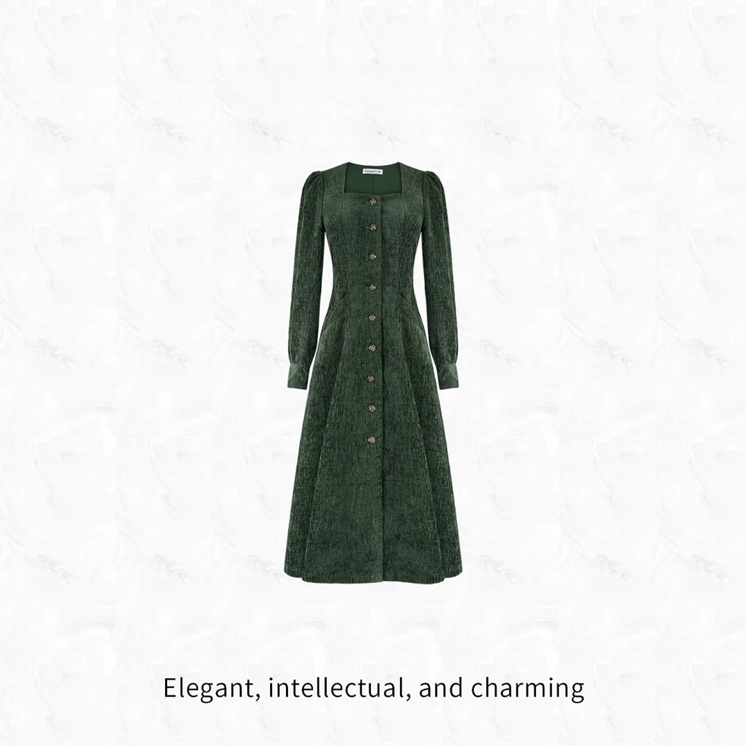 乔琪拉【木棉芙】秋冬新款雪尼尔绒显瘦高腰线连衣裙-59645Q