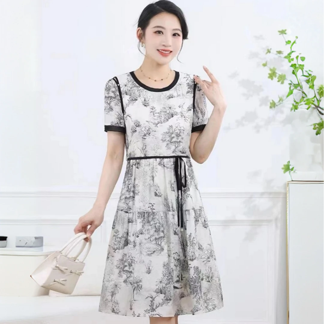 L728夏季碎花圆领A字连衣裙时尚收腰宽松百搭洋气长裙