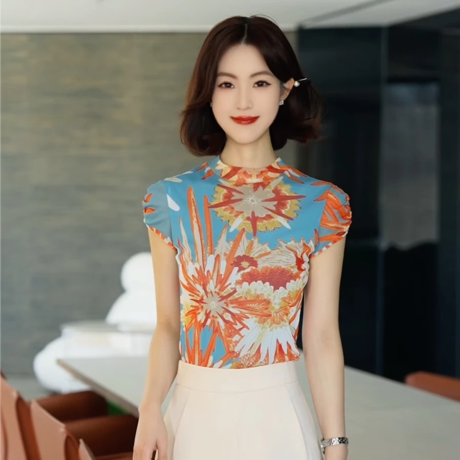 【AMSSGIRD】夏季新款洋气百搭网纱弹力半高领短袖T恤1300399