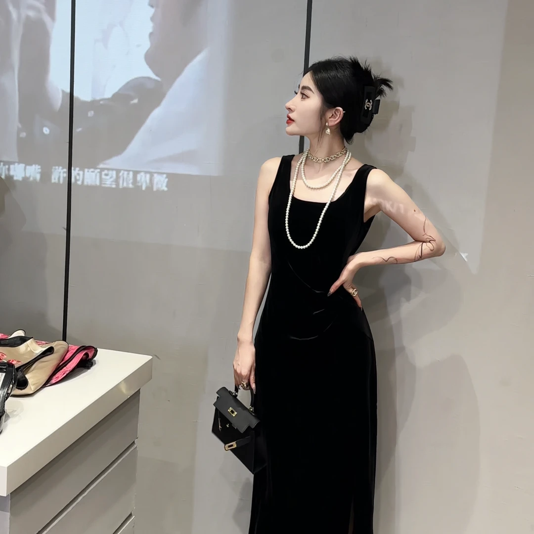 （霓裳）丝绒百搭收腰显瘦修身背心长裙开叉连衣裙