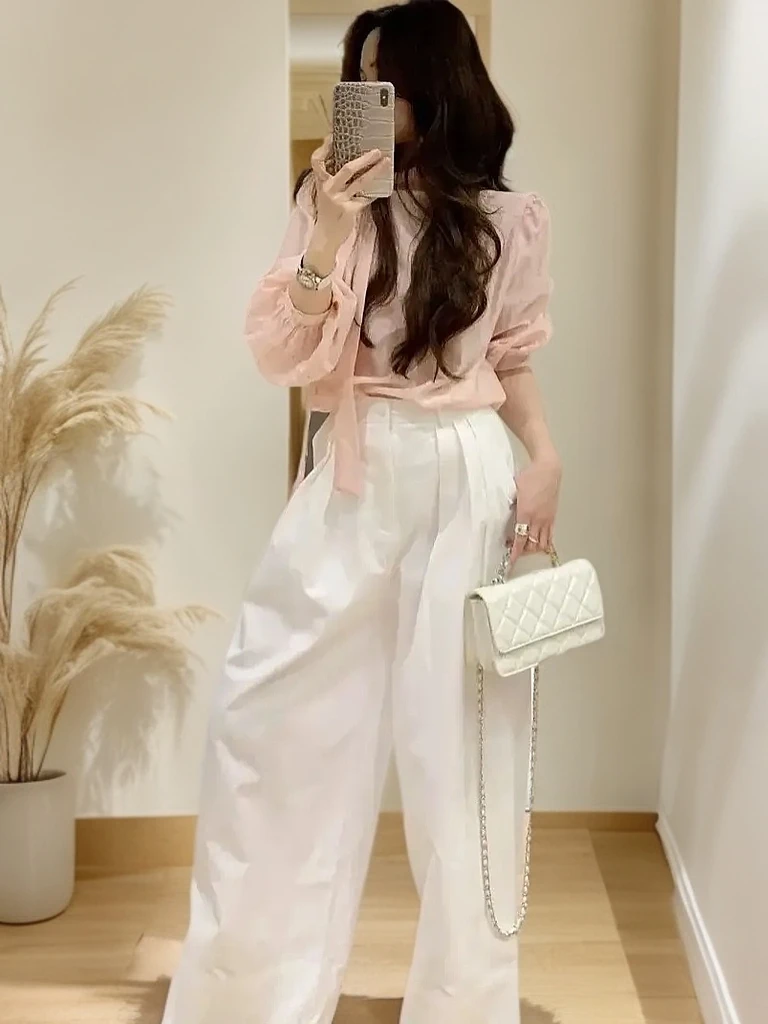 2025春季新款法式高级感甜美减龄泡泡袖上衣+百搭阔腿裤两件套女