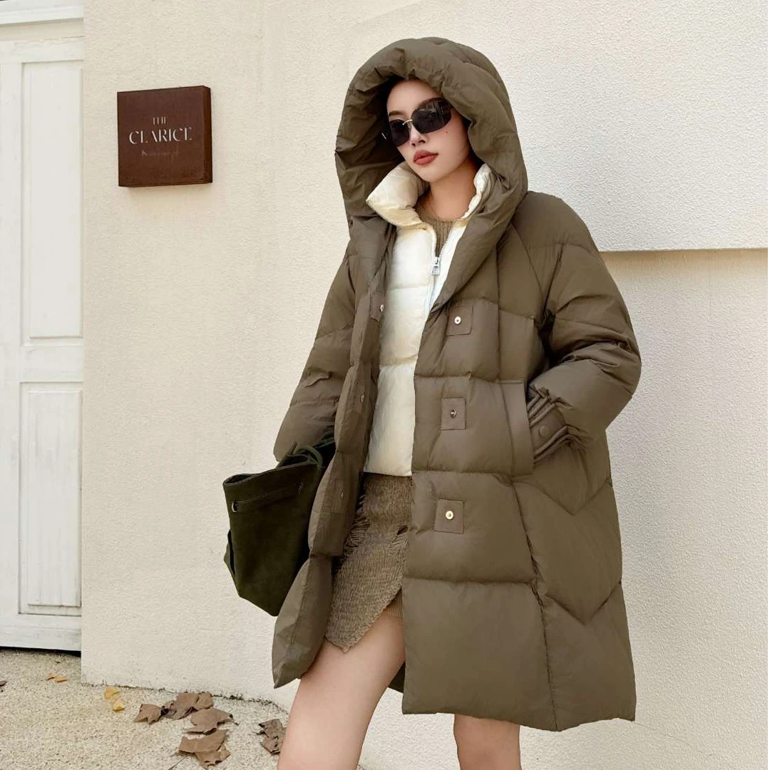 【原创鹅绒】2025新款高定中长款加厚连帽假两件保暖时尚鹅绒外套达