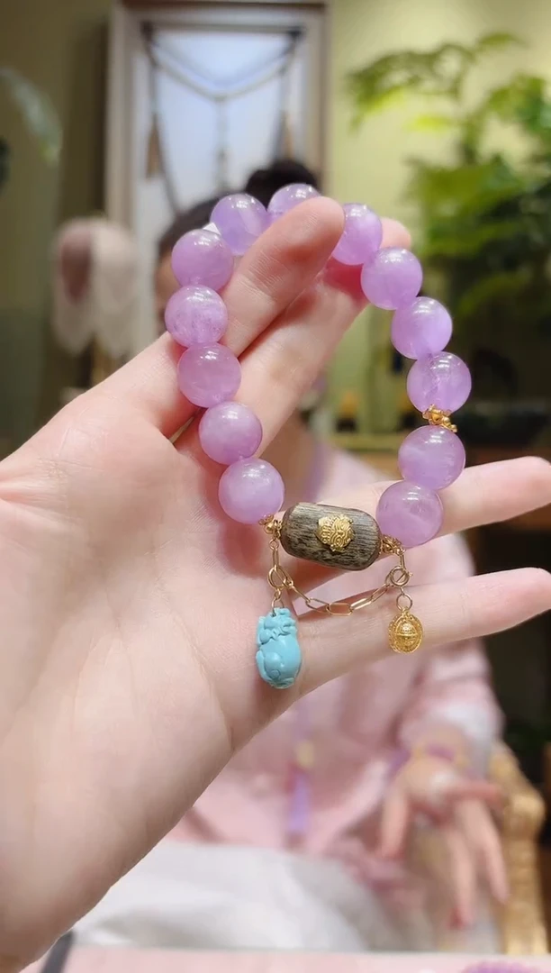 【闪购商品】锂辉石手串18K金镶嵌绿松貔貅提溜紫锂辉手串