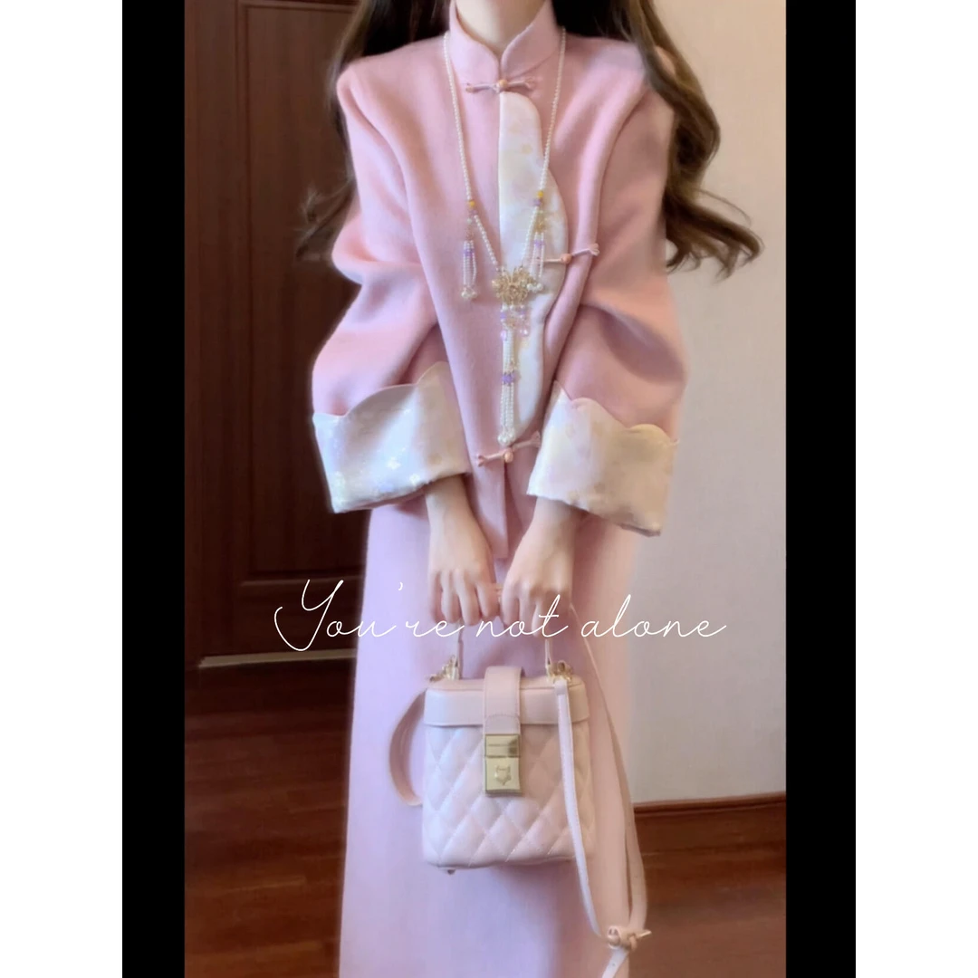 【金粉世家】秋冬新款国风新中式重工立领外套搭高腰显瘦开叉半身裙