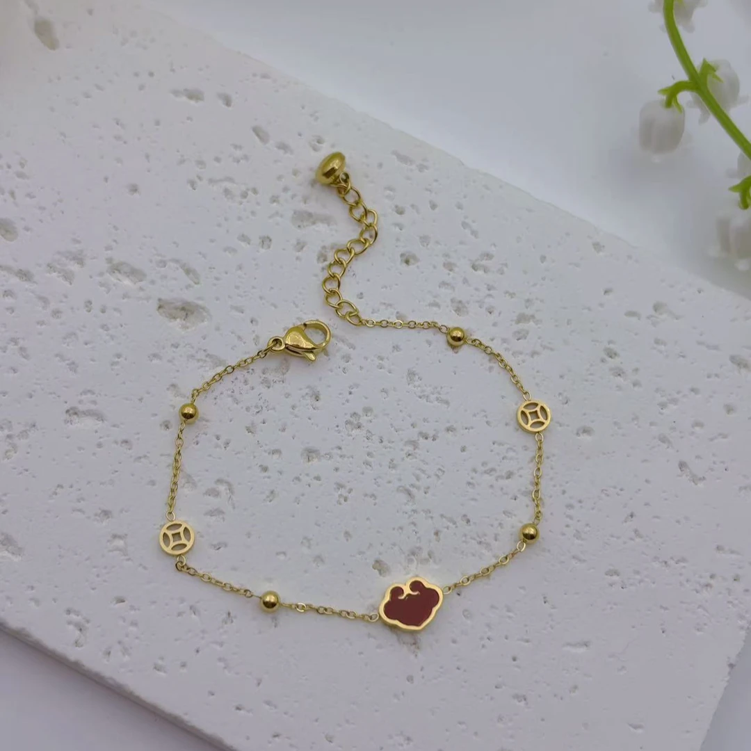 钛钢珐琅手链 【Kiss娜】钛钢3468气质精致红色安锁米多多手链