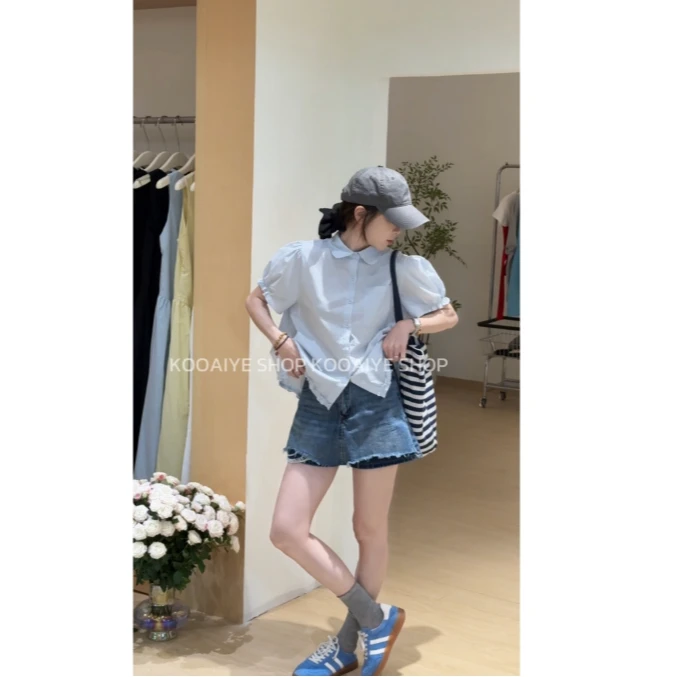 【云淡风轻】夏季新款韩系复古甜美显瘦减龄时尚休闲木耳边衬衫