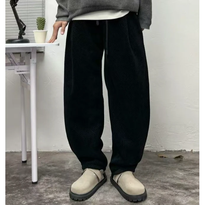 冬季直筒裤休闲裤运动阔腿罗纹拼接秋冬针织加绒裤