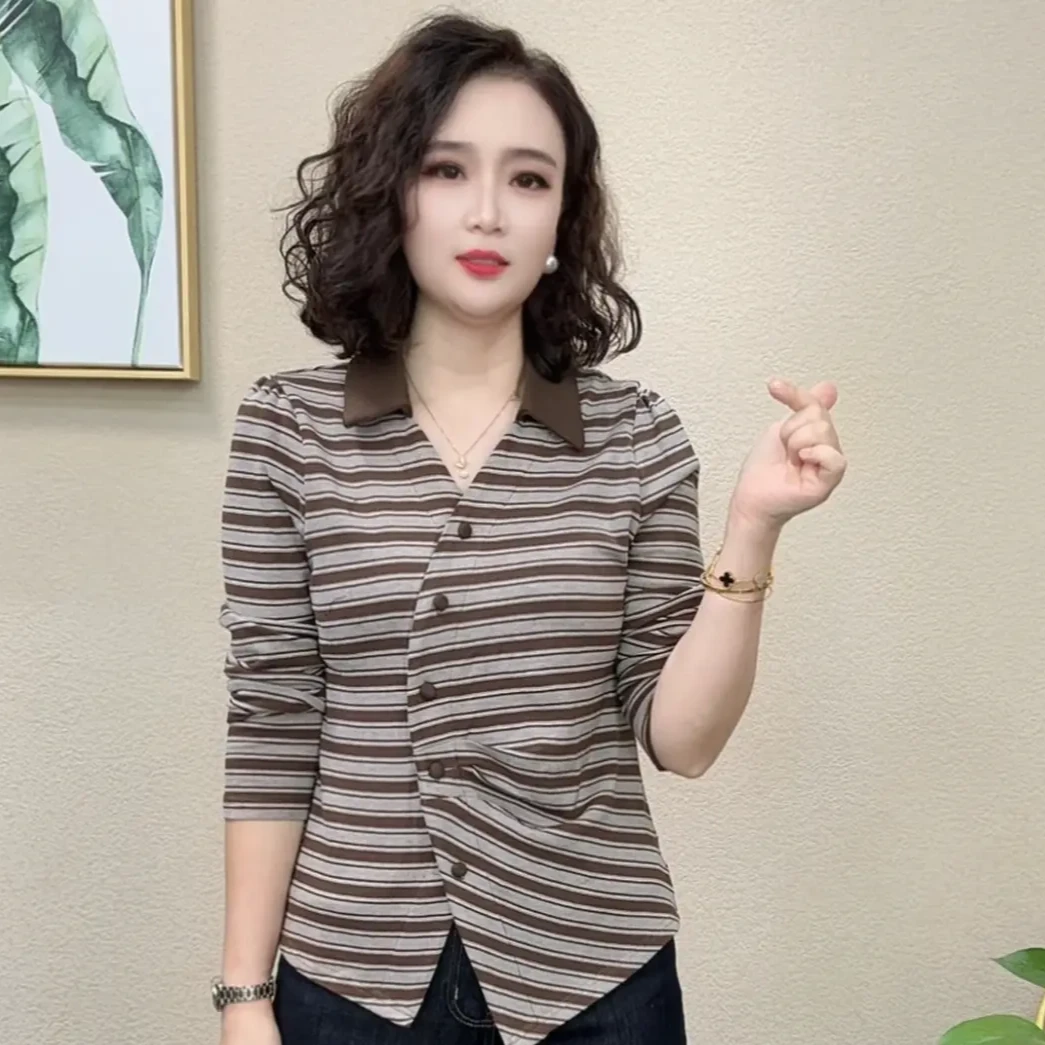 2025秋季新款气质条纹洋气休闲百搭显瘦长袖打底女装上衣#458741