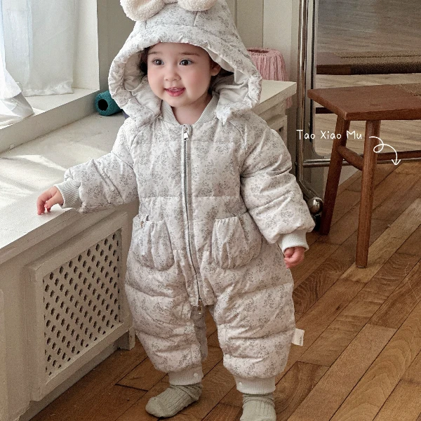 冬加厚婴幼儿法式口袋扣碎花羽绒服哈衣羽绒服哈衣9552