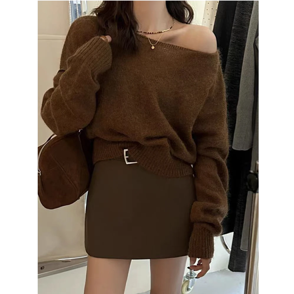 新款羊毛一字领打底衫气质宽松韩系毛衣时尚高腰百搭设计感针织衫