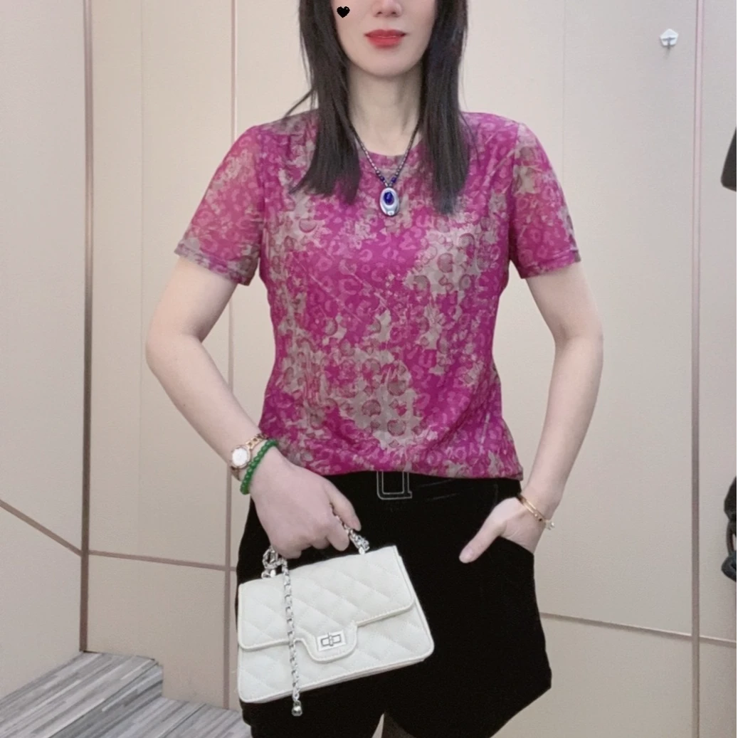 2025圆领夏季新款宽松遮肚透气短袖t恤女玫花紫体恤衫洋气T恤上衣