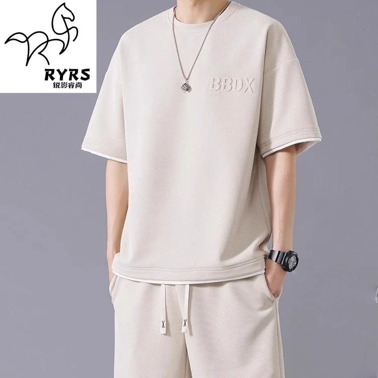 锐影睿尚休闲运动套装男夏季2025新款大码短袖t恤搭配短裤两件套