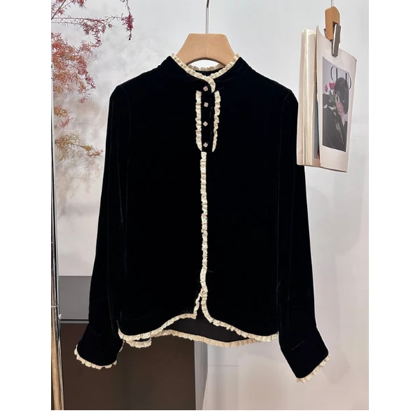小雅家 2025早春新款温柔真丝丝绒花边上衣