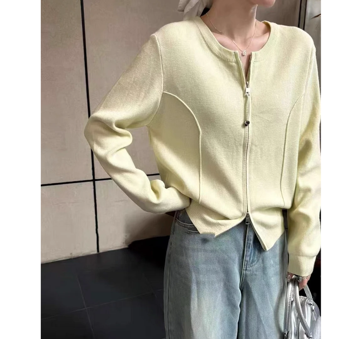 【MAN YAN】2025春季新款时尚简约双拉链鱼骨线针织开衫