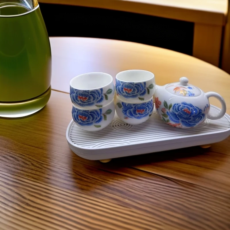 刺绣蓝牡丹西施湖1459手工高档家用陶瓷中式手绘精美大容量手工