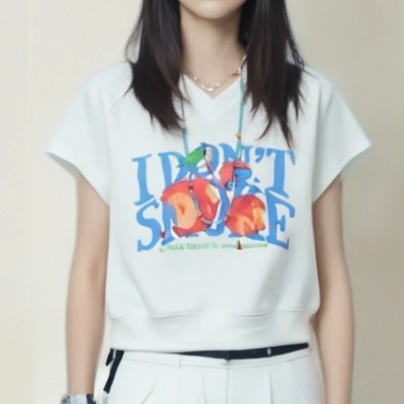 【迷雾川境】2025夏季冰凉感T桖印花V领套头蝙蝠袖上衣女LK2503896