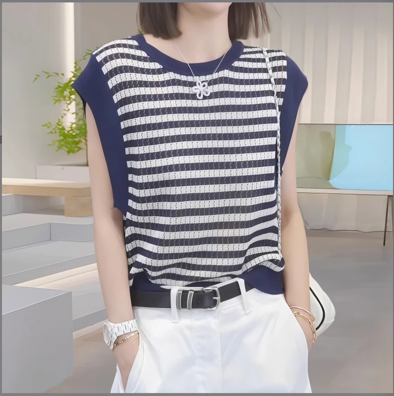【清货+运费险】镂空拼色女装百搭夏季洋气女圆领条纹短袖毛针织衫
