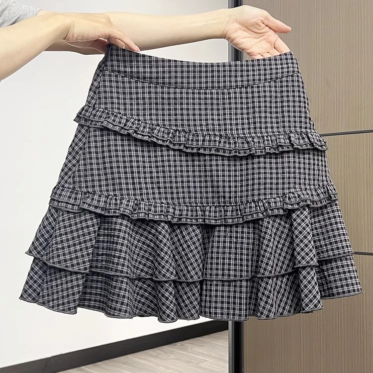 辣妹风复古格子半身裙女2025夏季新款韩版高腰显瘦蛋糕裙A字短裙