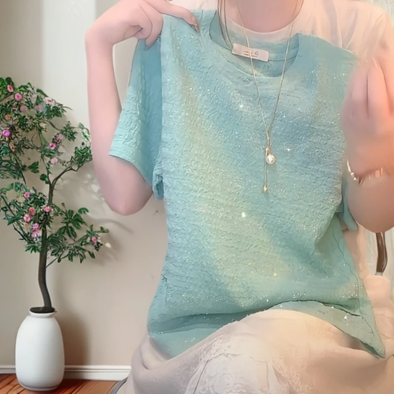 胖mm宽松巨显瘦上衣大码女装高级感细闪圆领正肩短袖t恤