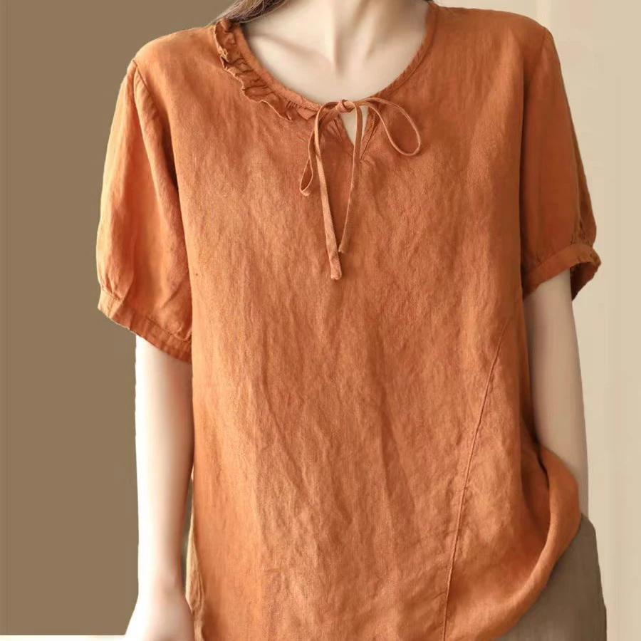 【 现货+运费险】夏季棉麻衬衫宽松纯色大码气质显瘦短袖上衣322