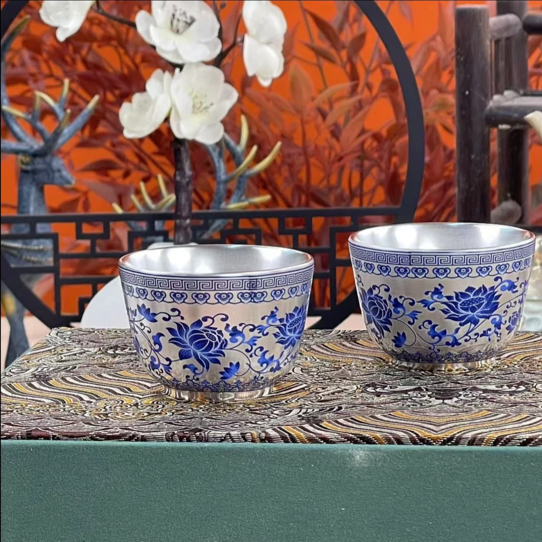 缠枝莲银杯 瓷胎包银套装家用功夫茶具鎏银主人杯复古精美