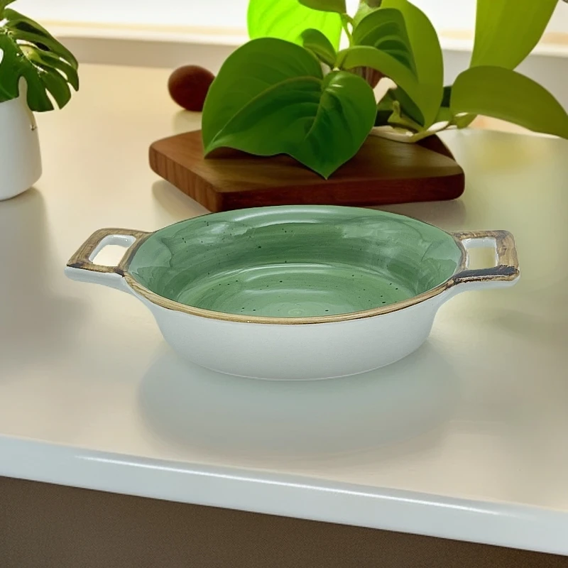 【多米家】20*3CM 绿意安然窑变烤盘 不带双耳15.5CM
