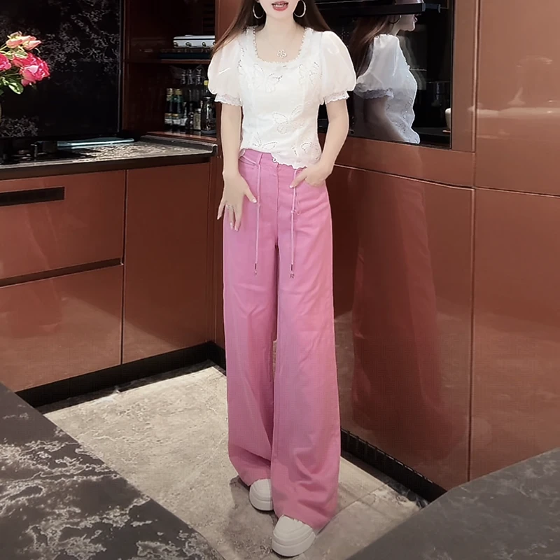 时尚套装女2025夏季设计感拼接镂空短袖t恤高腰休闲裤两件套