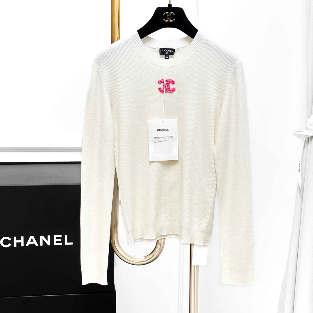 99新 Chanel/香奈儿 38码 米白色拼粉色双C 长袖 针织 上衣
