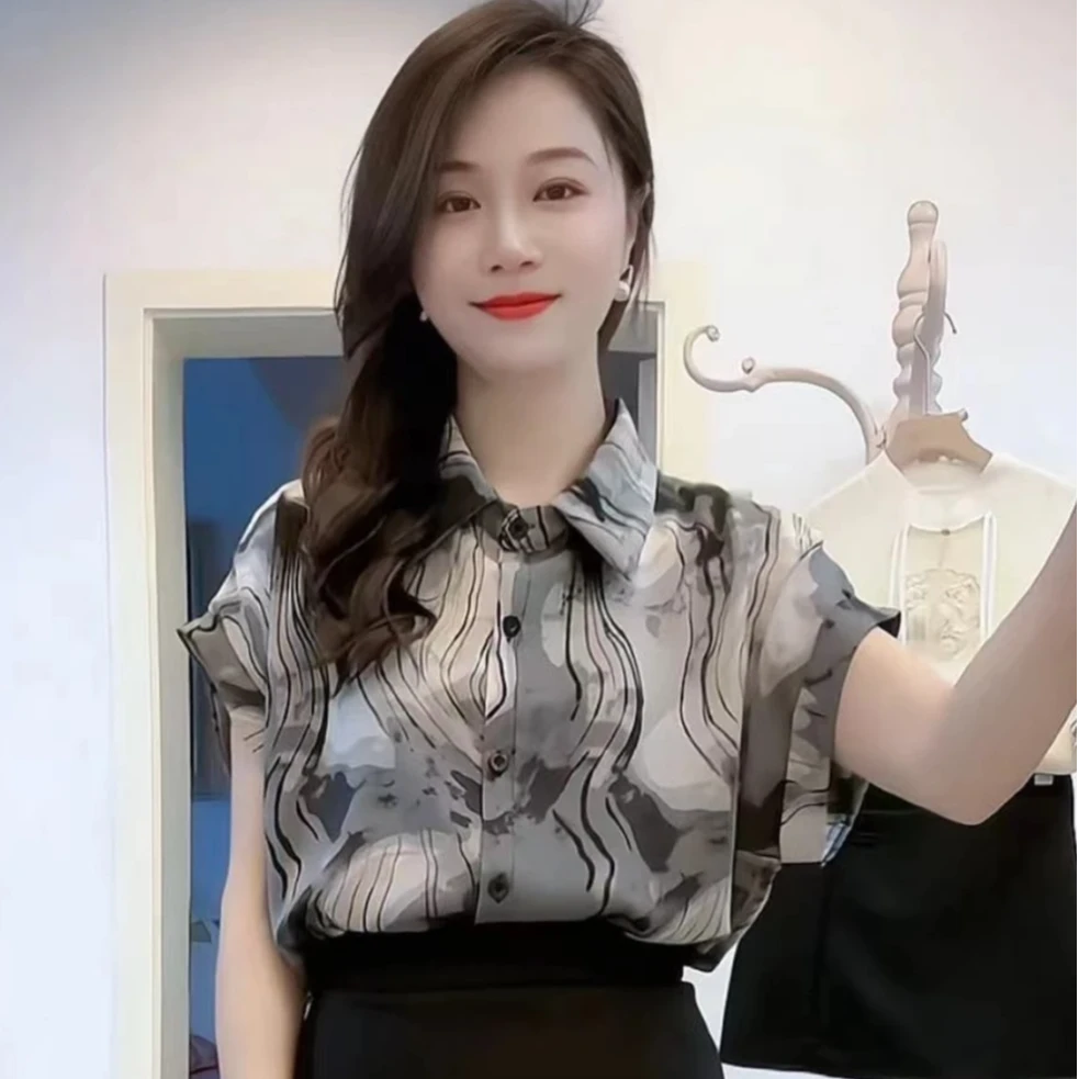 夏季水墨扎染上衣短袖洋气衬衫漂亮母亲新款衬衣时尚洋气休闲服