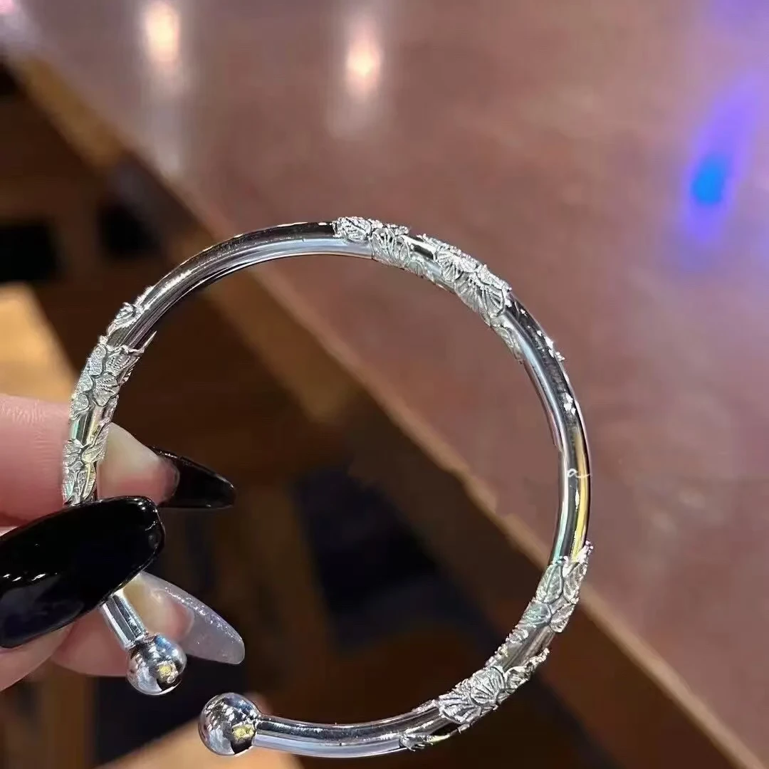 足银手镯  999.9【S61】对珠开口繁花似锦手镯轻奢气质闺蜜