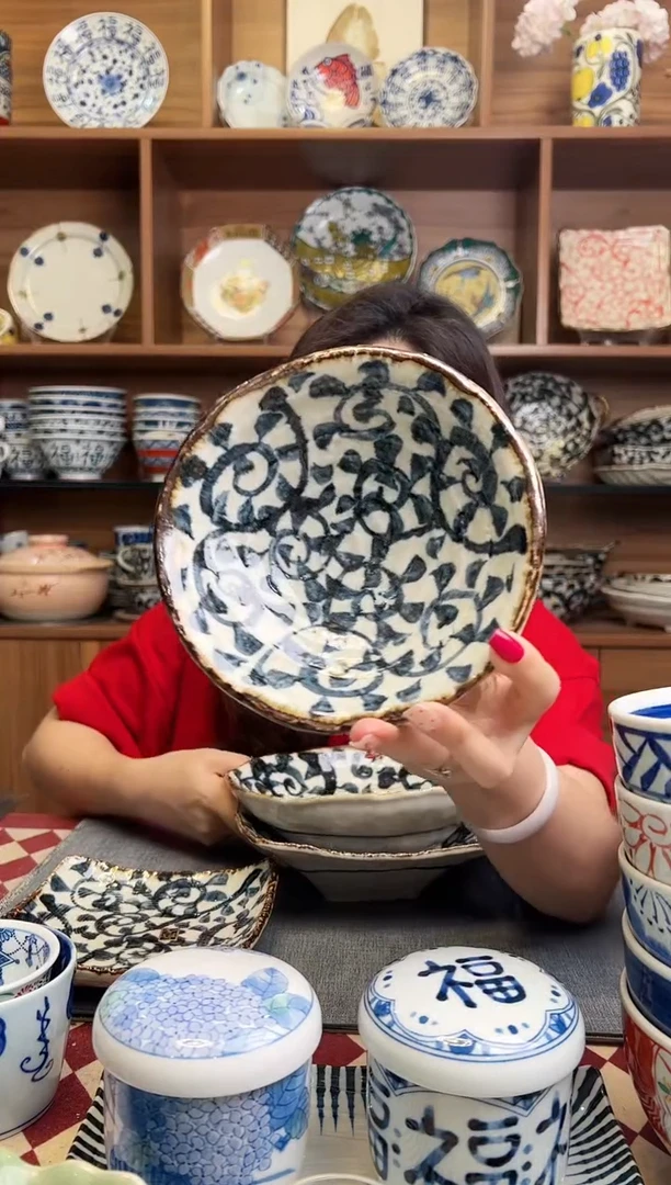 瓷片章鱼唐草唐草15cm三足中钵