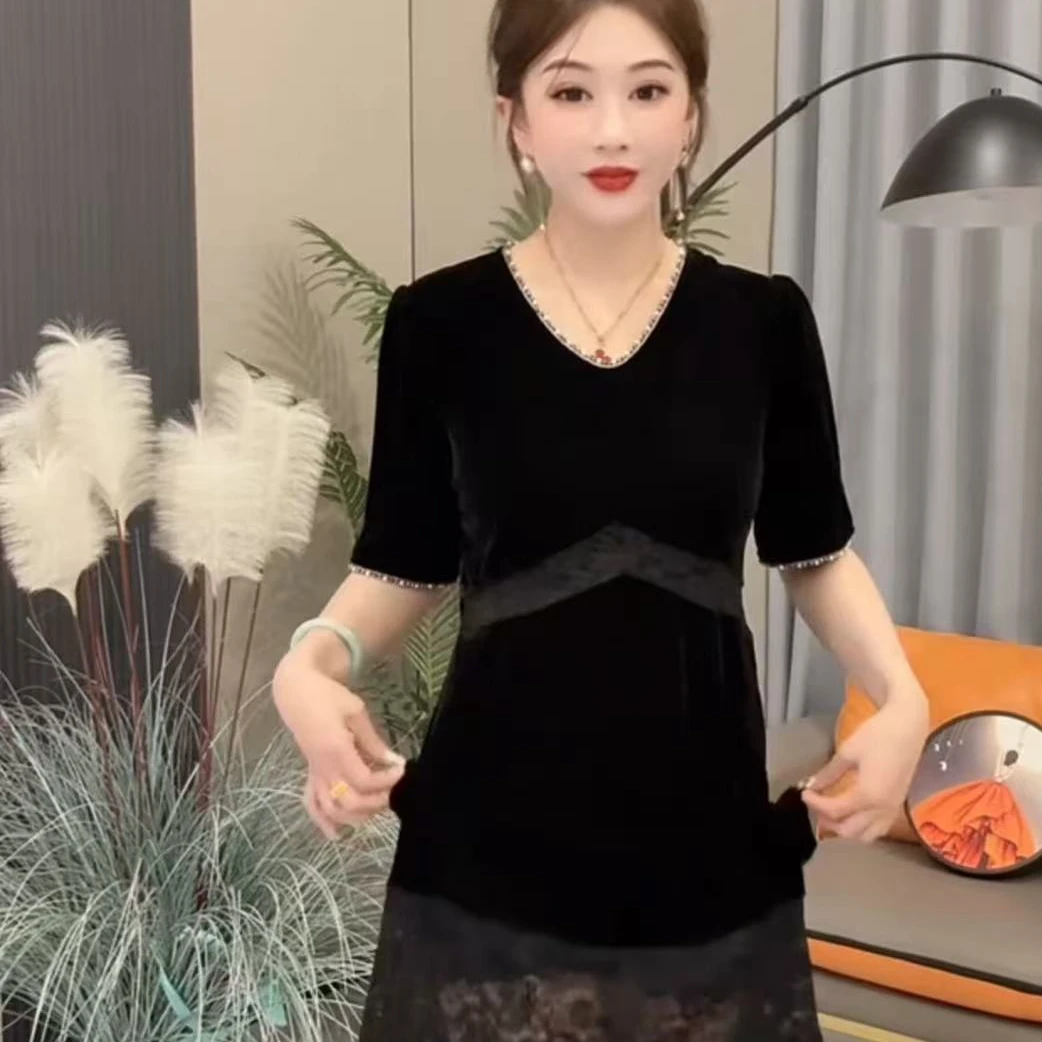 有特点性感洋气蕾丝拼接重工串珠性感丝绒裙3033#