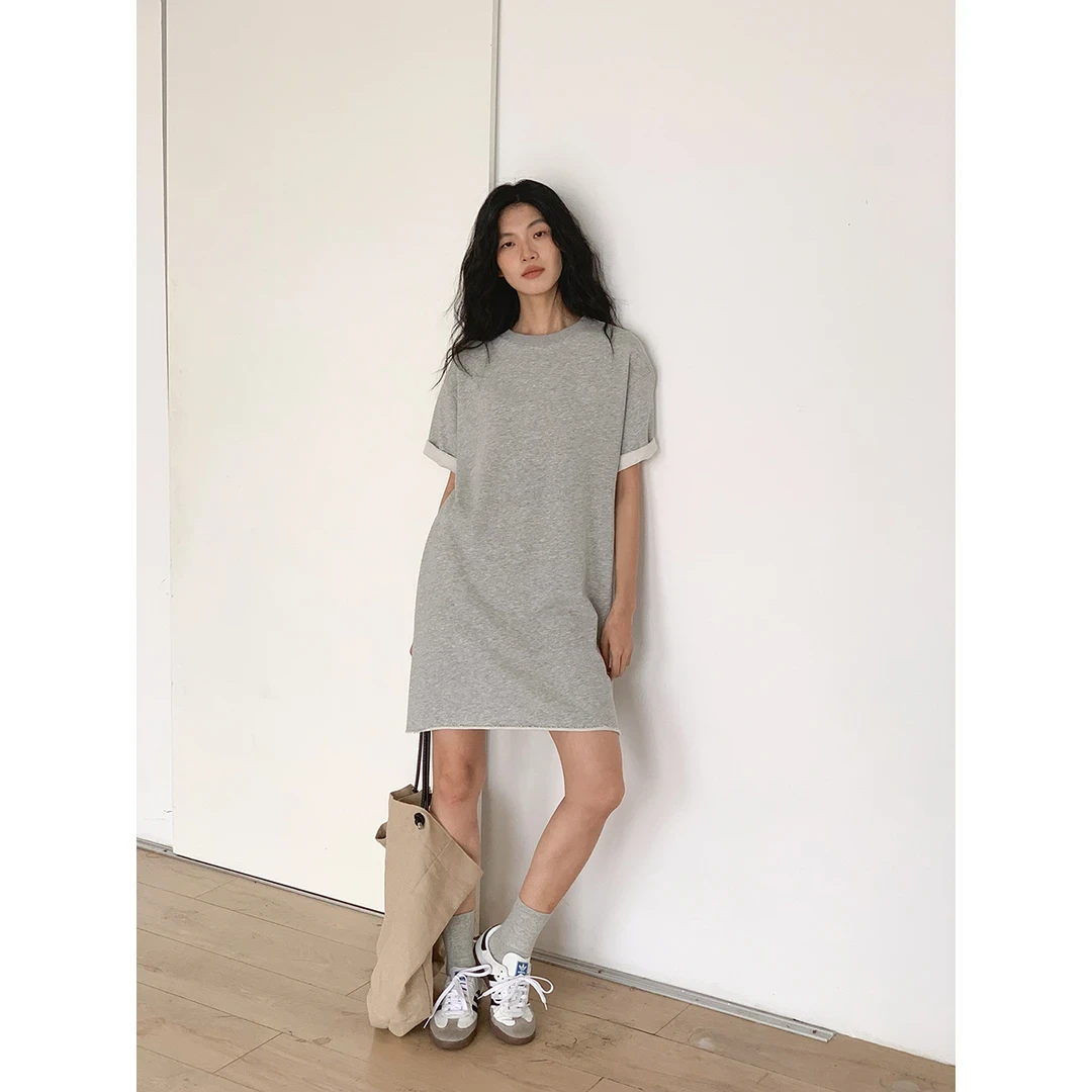 林木木家 灰色休闲卷边T恤连衣裙夏季新款遮肚子显瘦显高卫衣裙