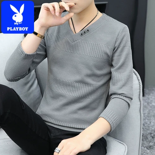 花花公子春秋季男士长袖T恤潮流上衣服V领修身薄款内搭打底衫秋衣