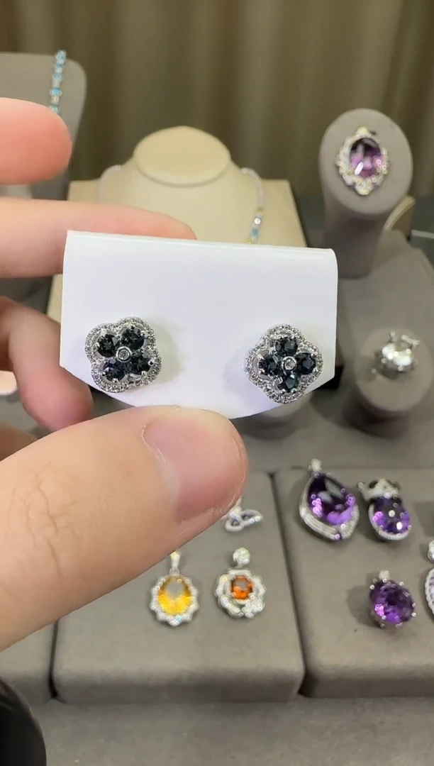 银S925镶嵌托帕石耳饰10mm耳钉伦敦蓝设计款