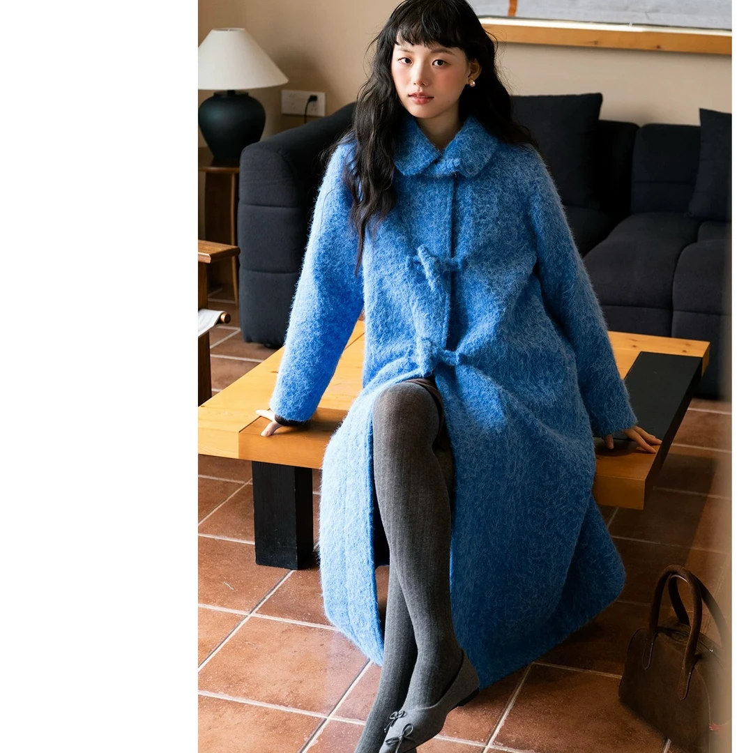 【蓝色恋人】克莱因蓝新年秋冬毛呢过膝复古气质呢子大衣