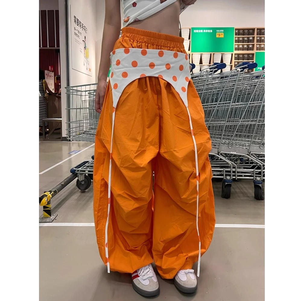 美式ins风夏季薄款阔腿休闲裤女显瘦爵士舞弯刀裤叠穿拼接运动裤