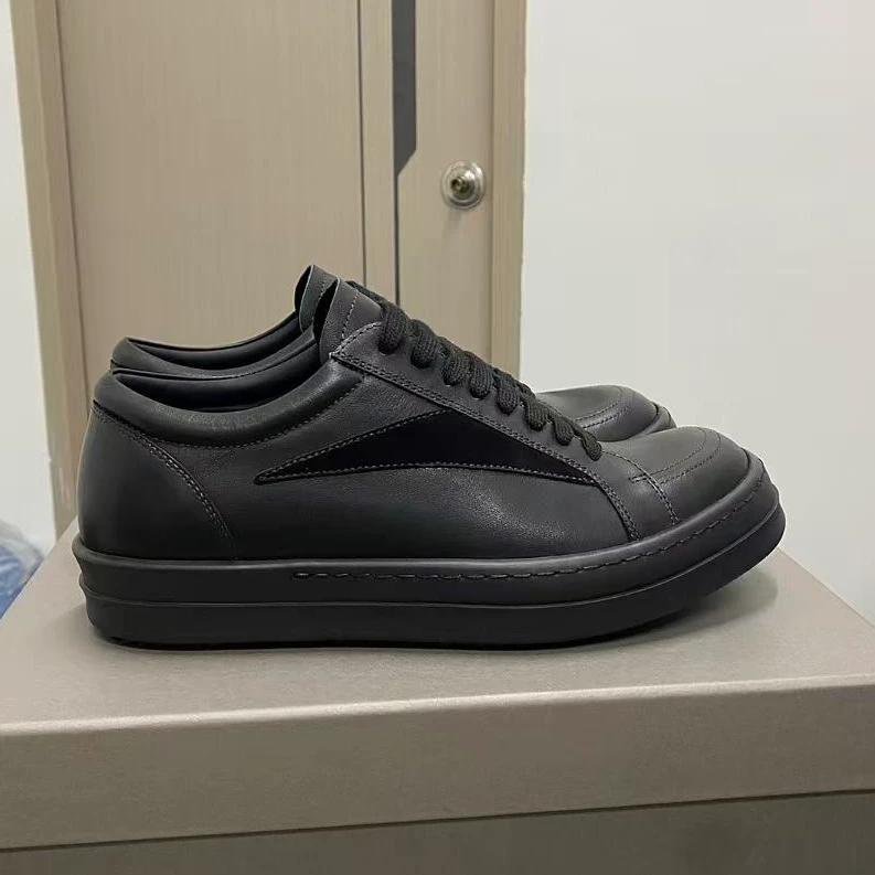 【炮哥】RO侵权全黑色厚底板鞋头层牛皮系带男单鞋百搭低帮休闲鞋